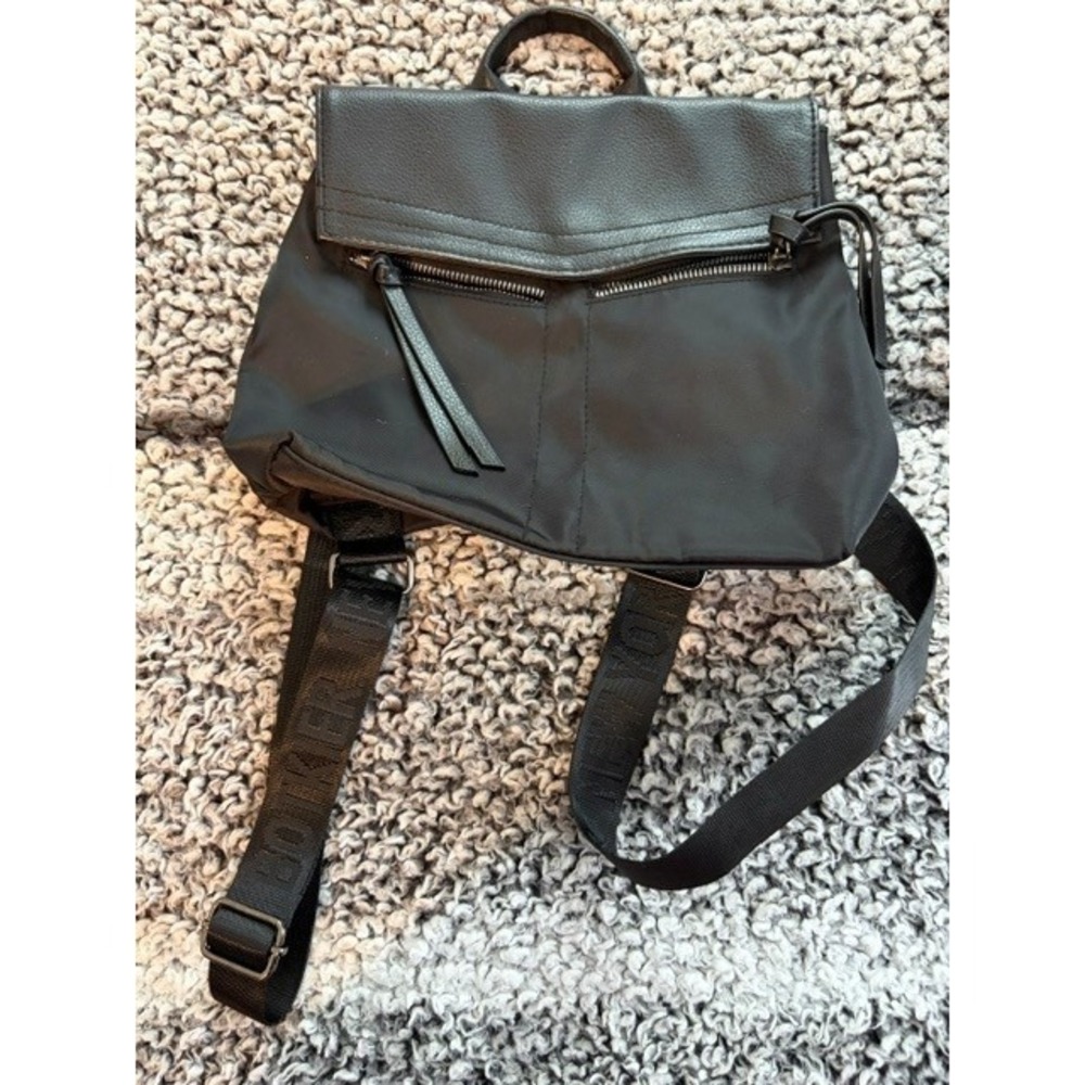 Botkier New York Black Nylon Leather Trim Mini Trigger Backpack Logo Straps